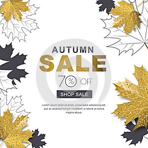 Autumn sale banner with 3d style gold and outline maple autumn leaves. Vector fall poster golden background.