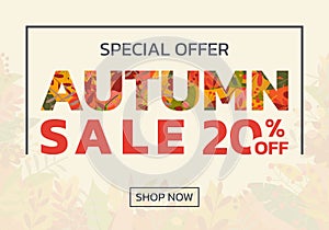 Autumn sale banner with fall leaves. Discount background design for promotion, poster, flyer. Special offer with 20 percent off.