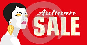 Autumn sale. Banner. Fashion girl. Bold, minimal style. Pop Art. OpArt, positive negative space and colour. Trendy