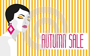 Autumn sale. Banner. Fashion girl. Bold, minimal style. Pop Art. OpArt, positive negative space and colour. Trendy photo