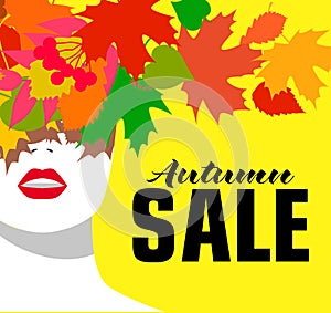 Autumn sale. Banner. Fashion girl. Colored leaves. Bold, minimal style. Pop Art. OpArt, positive negative space and