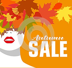 Autumn sale. Banner. Fashion girl. Colored leaves. Bold, minimal style. Pop Art. OpArt, positive negative space and photo