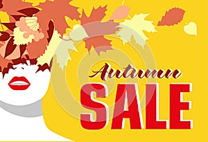 Autumn sale. Banner. Fashion girl. Colored leaves. Bold, minimal style. Pop Art. OpArt, positive negative space and