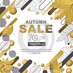 Autumn sale banner. Frame with 3d style gold outline fall leaves and motion geometric shapes. Vector poster background.