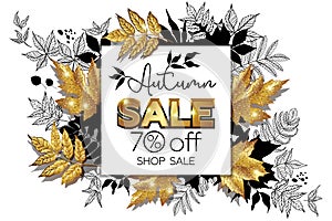 Autumn sale banner, golden and hand drawn leaves