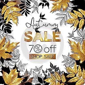 Autumn sale banner, golden and hand drawn leaves.