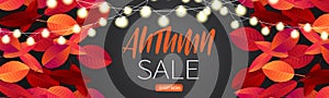 Autumn sale banner or header for website or newsletter. Promotion discount template with red and orange leaves and glowing lights