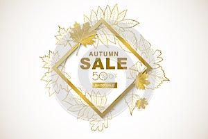 Autumn sale banner with isolated golden frame and gold outline autumn leaves. Vector fall poster background.