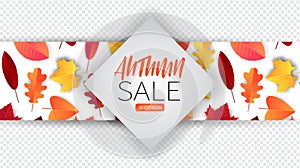 Autumn sale banner overlay for a custom illustration. Season design concept. Red and orange leaves on white background.