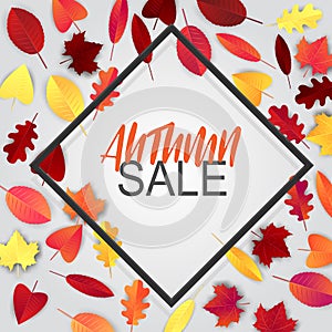 Autumn sale banner with square frame and falling leaves.