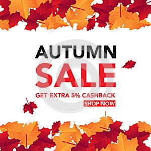 Autumn sale banner template with leaves, fall leaves for shopping sale. banner design. Poster, card, label, web banner. Vector ill