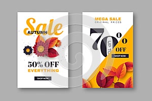 Autumn sale banners with 3d leaves and flowers. Yellow, white background - template for seasonal discounts, vector