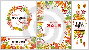 Autumn sale banners. Colorful fall leaves, seasonal discount. Tree foliage as maple and chestnut leaf, acorn