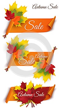 Autumn sale banners isolated on white background. Ribbons with colorful leaves. Vector