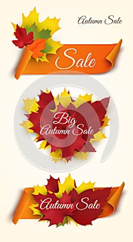 Autumn sale banners isolated on white background. Ribbons with colorful leaves. Vector