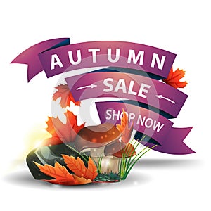 Autumn sale, discount clickable web banner in the form of ribbons with mushrooms and autumn leaves photo