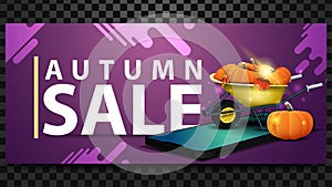 Autumn sale, discount horizontal banner with a smartphone, garden wheelbarrow with a harvest of pumpkins and autumn leaves