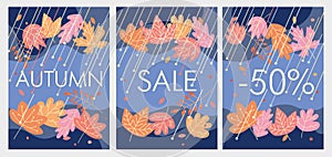 Autumn sale and discount stickers. Advertising posters