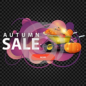 Autumn sale, discount web banner in the form of lava lamp with garden wheelbarrow with a harvest of pumpkins and autumn leaves
