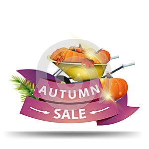 Autumn sale, discount web banner in the form of ribbons for your business with garden wheelbarrow with a harvest of pumpkins.