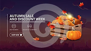 Autumn sale and discount week, discount banner with city on background, wooden crates of ripe pumpkins and autumn leaves