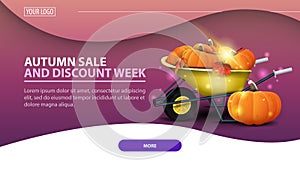 Autumn sale and discount week, modern discount web banner for the site with garden wheelbarrow with a harvest of pumpkins and