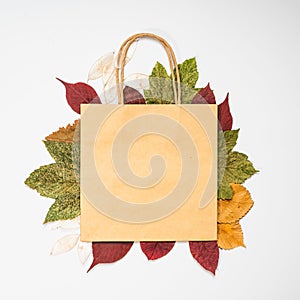 Autumn sale. Dry multicolored leaves on a light background. Paper shopping bag