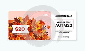 Autumn sale fall season gift voucher card template design. Coupon code text on dry leaves background vector illustration