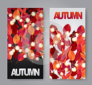 Autumn sale flyer poster set with red and orange leaves, glowing lights garland. Sale promo design template for advertisement.