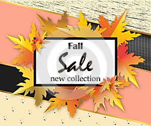 Autumn sale flyer template with lettering, orange leaves on modern abstract background. Fall promotion. Poster, banner