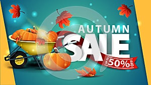 Autumn sale, green web banner with garden wheelbarrow with a harvest of pumpkins and autumn leaves