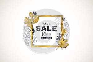 Autumn sale horizontal banner with golden square frame and 3d style gold and outline autumn leaves.