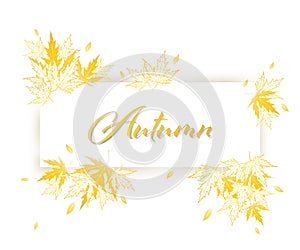 Autumn sale horizontal banner with isolated golden frame and gold outline autumn leaves. Vector illustration poster background