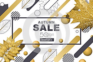 Autumn sale horizontal banners with 3d style gold and outline fall leaves and motion geometric shapes.
