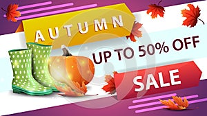 Autumn sale, horizontal discount web banner for your website with creative design, rubber boots and pumpkin