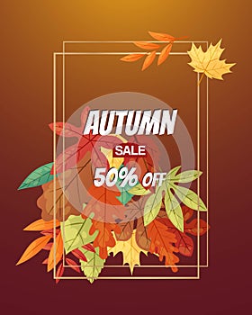 Autumn sale with leaf poster vector illustration. Green, red, orange, brown and yellow falling leaves. Colorful maple