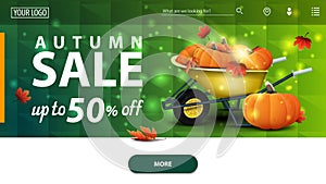 Autumn sale, modern green horizontal web banner with garden wheelbarrow with a harvest of pumpkins and autumn leaves