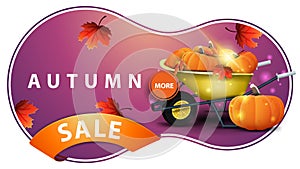 Autumn sale, modern pink discount banner with garden wheelbarrow with a harvest of pumpkins and autumn leaves