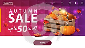 Autumn sale, modern pink horizontal web banner with wooden crates of ripe pumpkins and autumn leaves