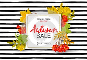 Autumn sale poster with bright colorful leaves, sheet of white paper with lettering. Vector illustration photo