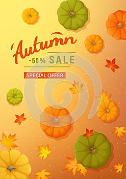 Autumn sale poster. Discount, sale in autumn. Vertical banner flyer with yellow, green, orange pumpkins, leaves