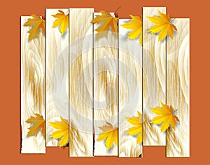 Autumn sale poster with fall leaves on wooden backgrounds.