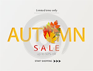 Autumn sale poster with fall leaves on wooden backgrounds. Vector illustration for website and mobile website banners