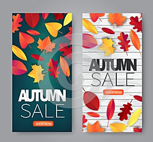 Autumn sale poster or flyer design concept. Red and orange falling leaves over wooden plank board.