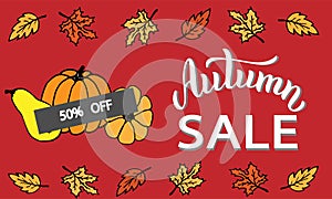 Autumn sale promotion banner with pumpkins and leaves. Discount typography text poster. Lettering sign. Vector