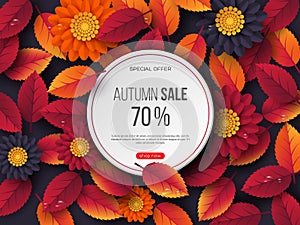 Autumn sale round banner with 3d leaves, flowers and water drops. Violet background - template for seasonal discounts