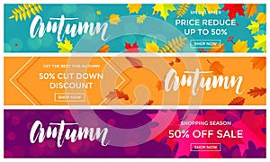 Autumn sale shopping discount vector poster fall maple leaf gold web banner