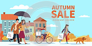 Autumn sale. Special fall offer, people with shopping bags and umbrellas in city among yellow orange leaves. Seasonal