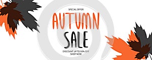 Autumn Sale special offer banner. Fall season background with hand lettering and autumn maple leaves for business.