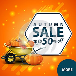 Autumn sale, square discount web banner for your website with garden wheelbarrow with a harvest of pumpkins and autumn leaves